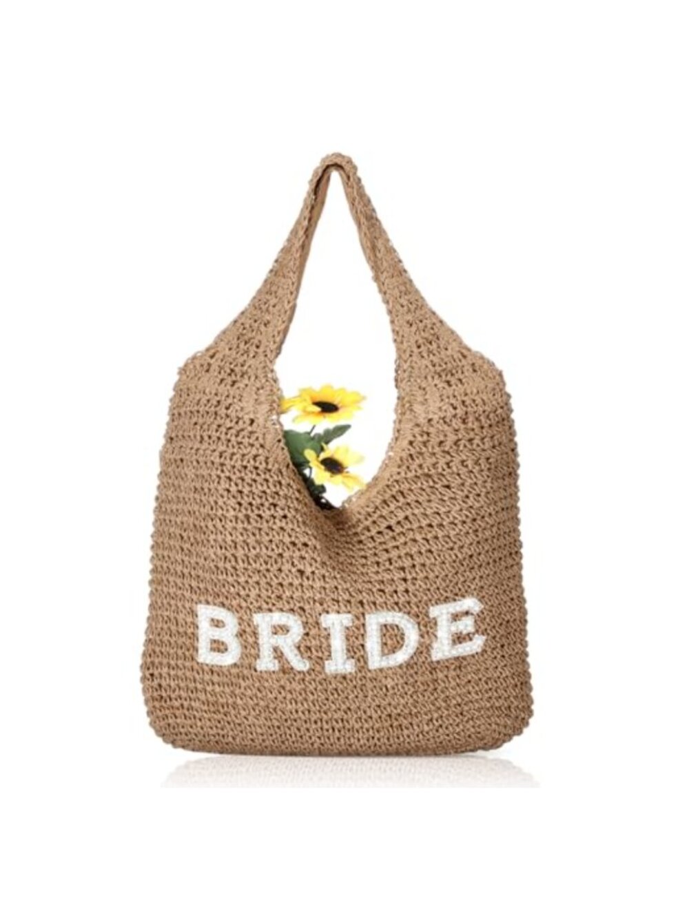 Handwoven Straw Bride Tote Bag with Rhinestone Letter Patches